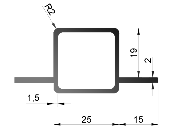 Steckprofil 2-Stege gegenüber - 25,0 x 25,0 x 1,5 mm